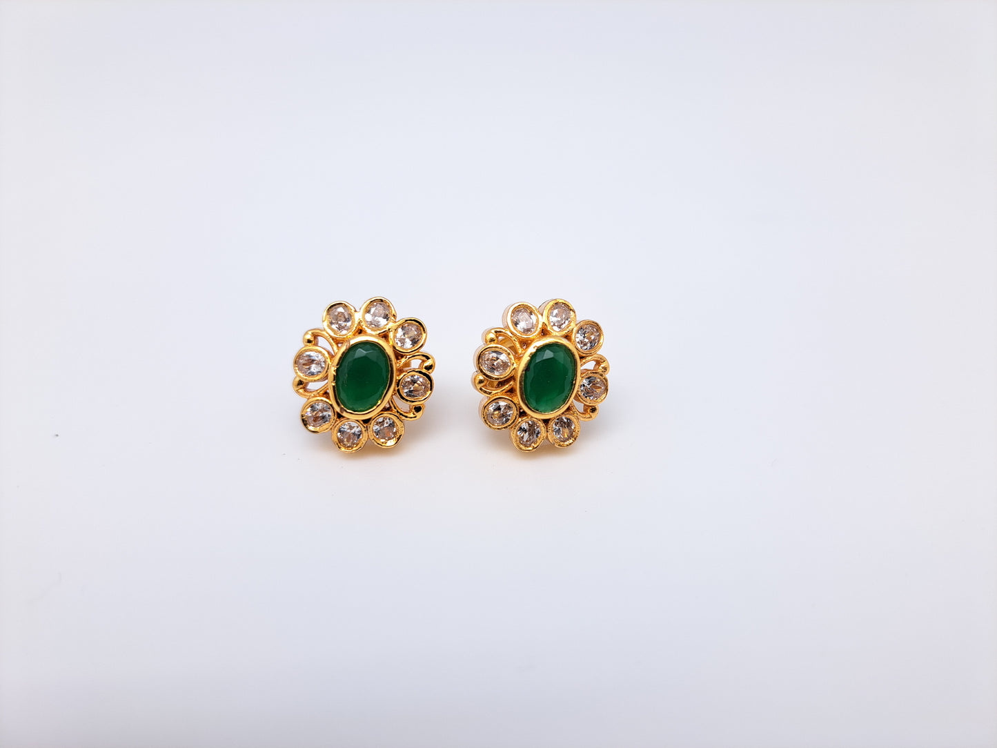 Gold Polish White AD Boat shape Greenstone Stud