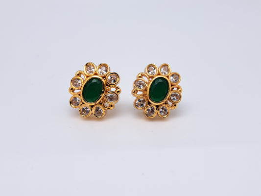 Gold Polish White AD Boat shape Greenstone Stud