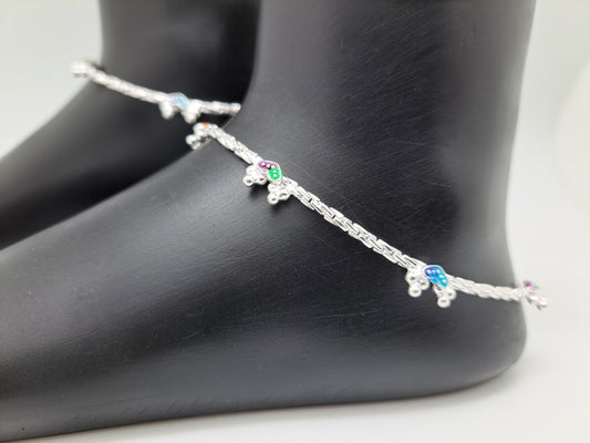 Multicoloured Heartin Enamel Silver Anklet