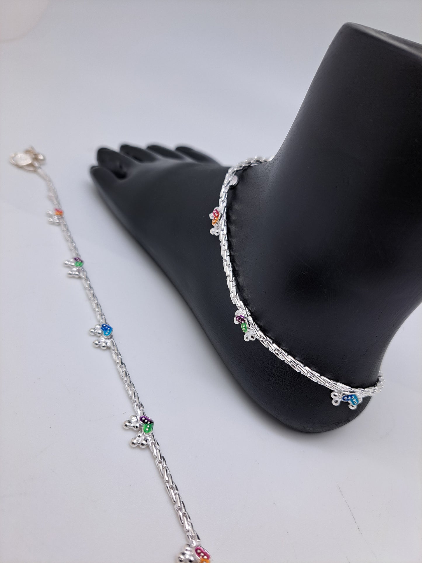Multicoloured Heartin Enamel Silver Anklet