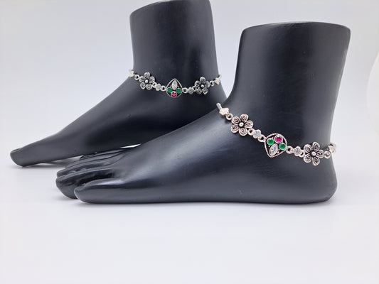 Red Green and white Floral Anklet