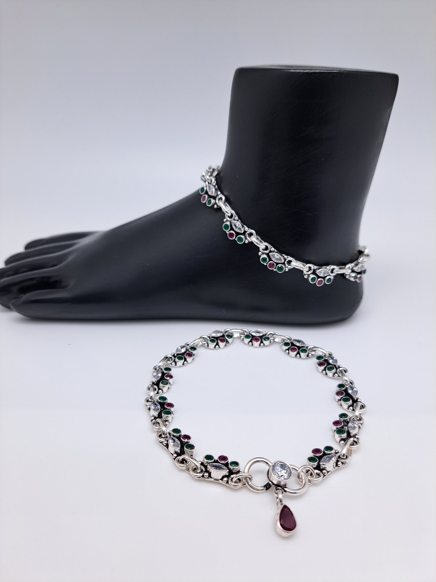 Red Green and white Full Stone Anklet