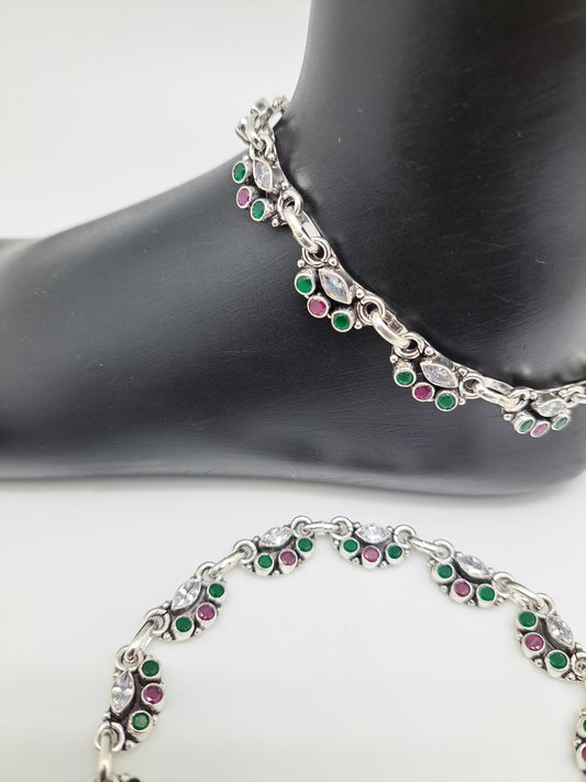 Red Green and white Full Stone Anklet