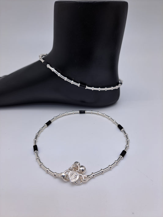 Sugarcane BlackBead Silver Anklet