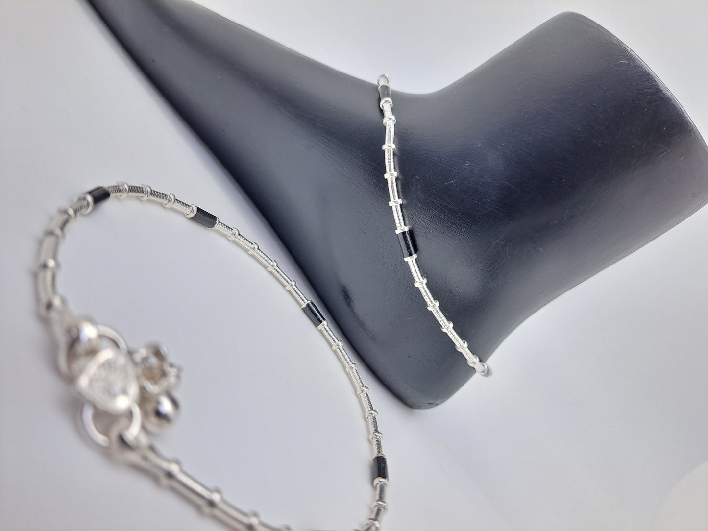 Sugarcane BlackBead Silver Anklet