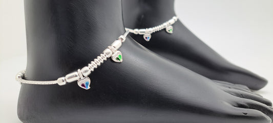 Multicoloured Heartin Charms Silver Anklet