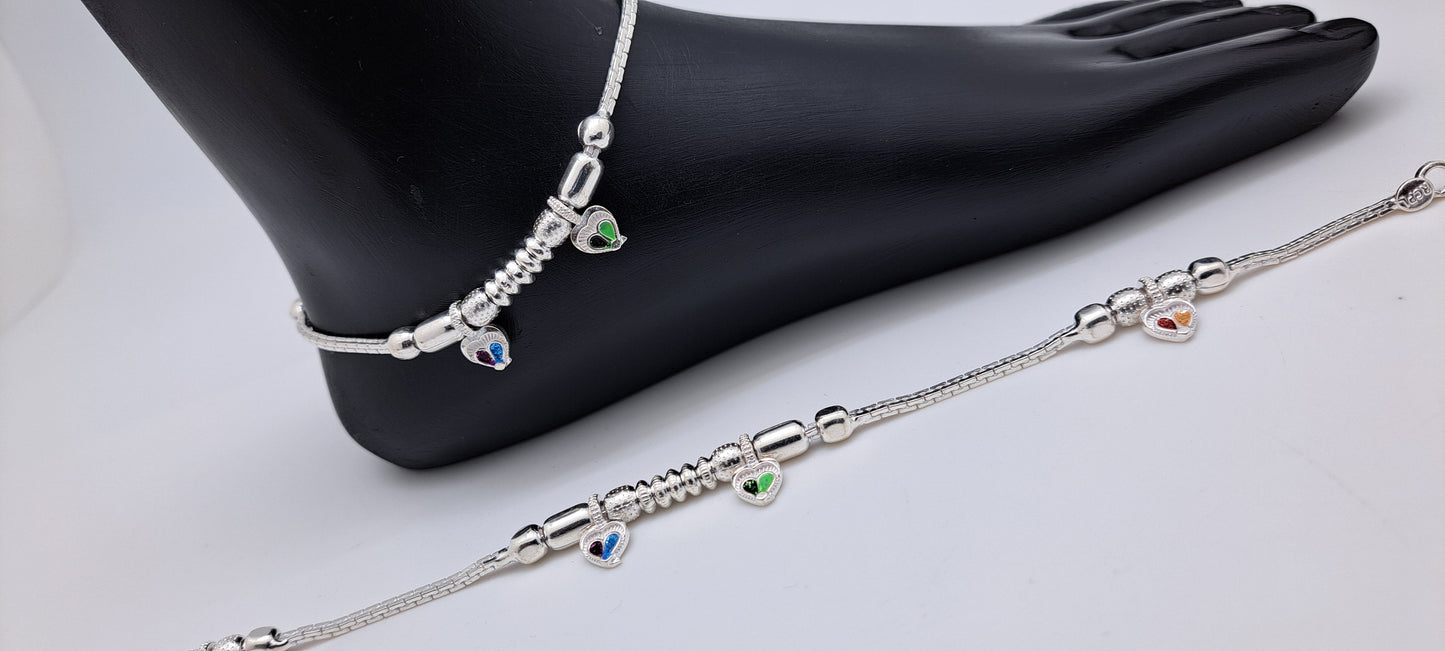 Multicoloured Heartin Charms Silver Anklet