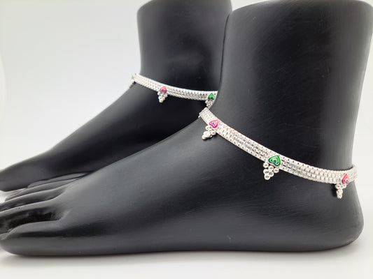 Multicoloured Heartin Box chain Silver Anklet