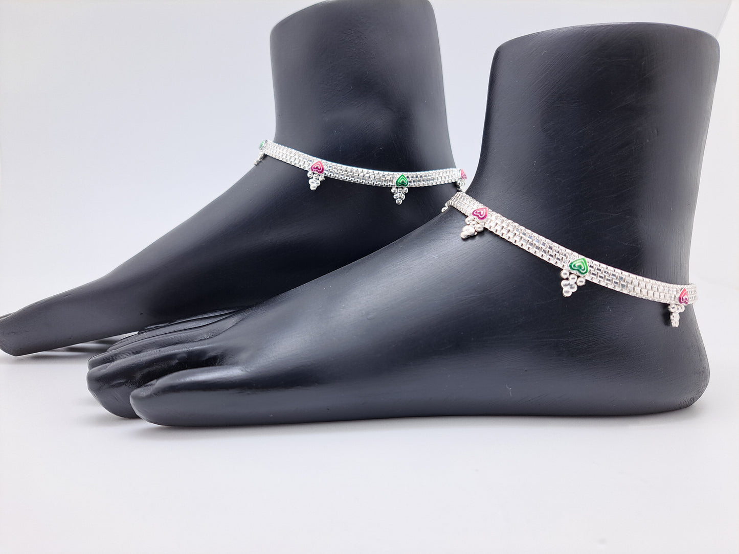 Multicoloured Heartin Box chain Silver Anklet