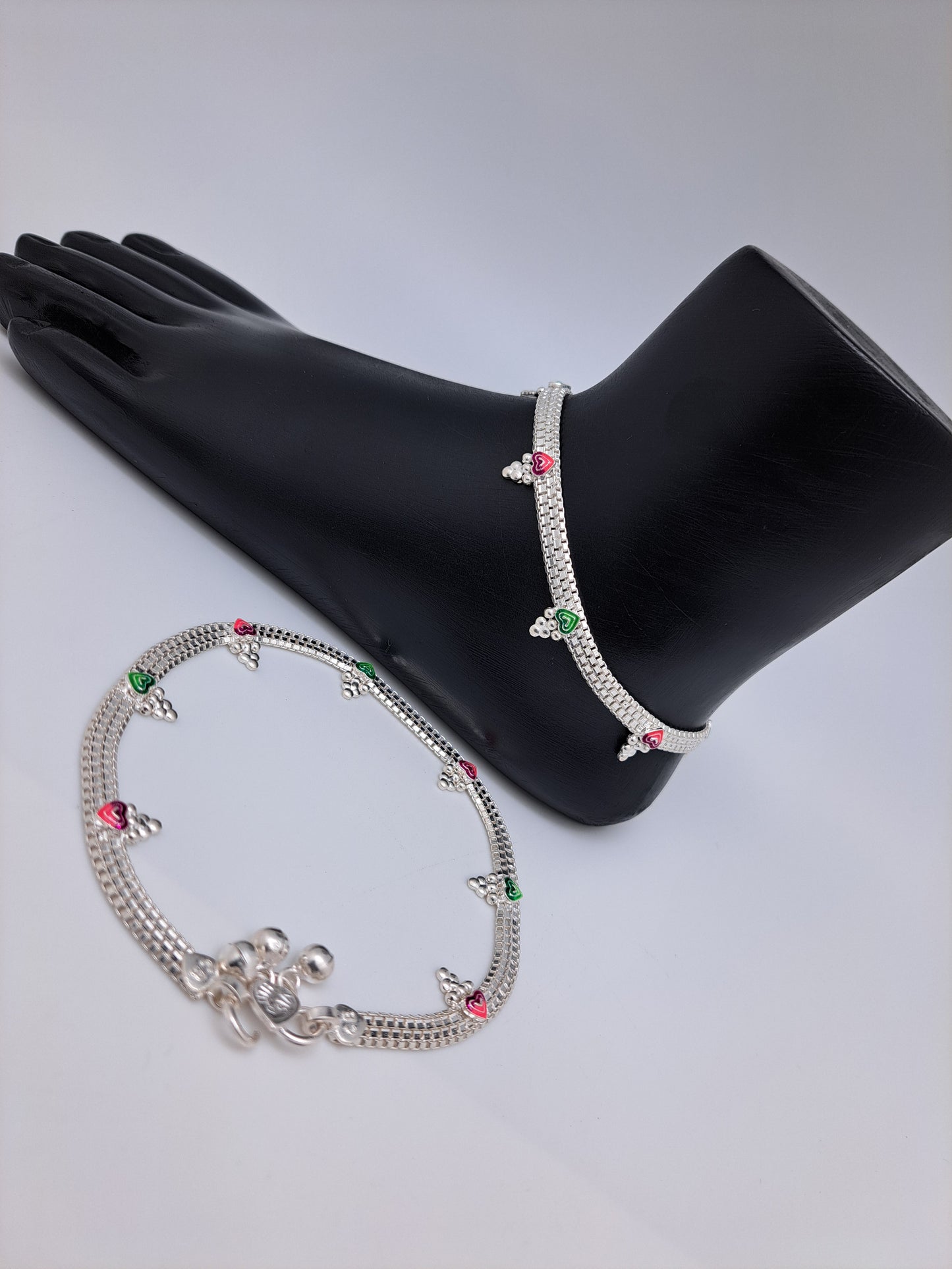 Multicoloured Heartin Box chain Silver Anklet