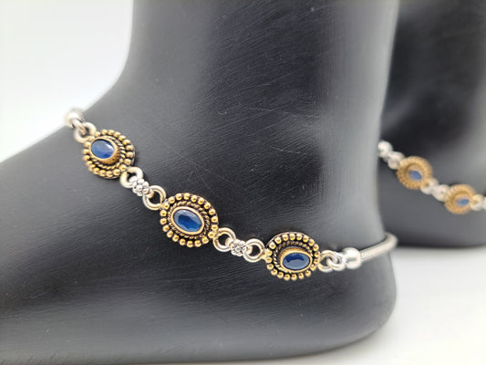2 Tone Antique Finish Blue Stone Enamel Anklet