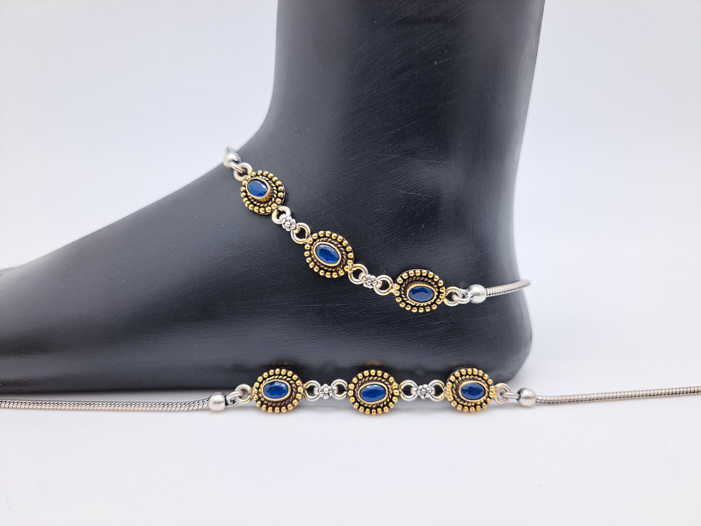 2 Tone Antique Finish Blue Stone Enamel Anklet