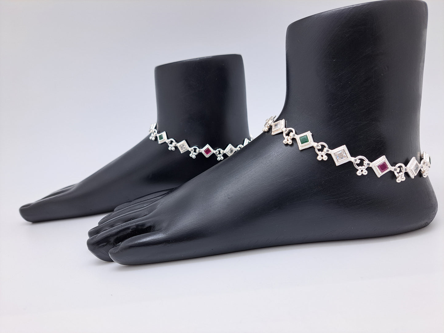 Red Green & White Katli Silver Anklet