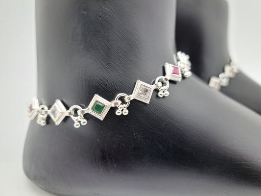 Red Green & White Katli Silver Anklet