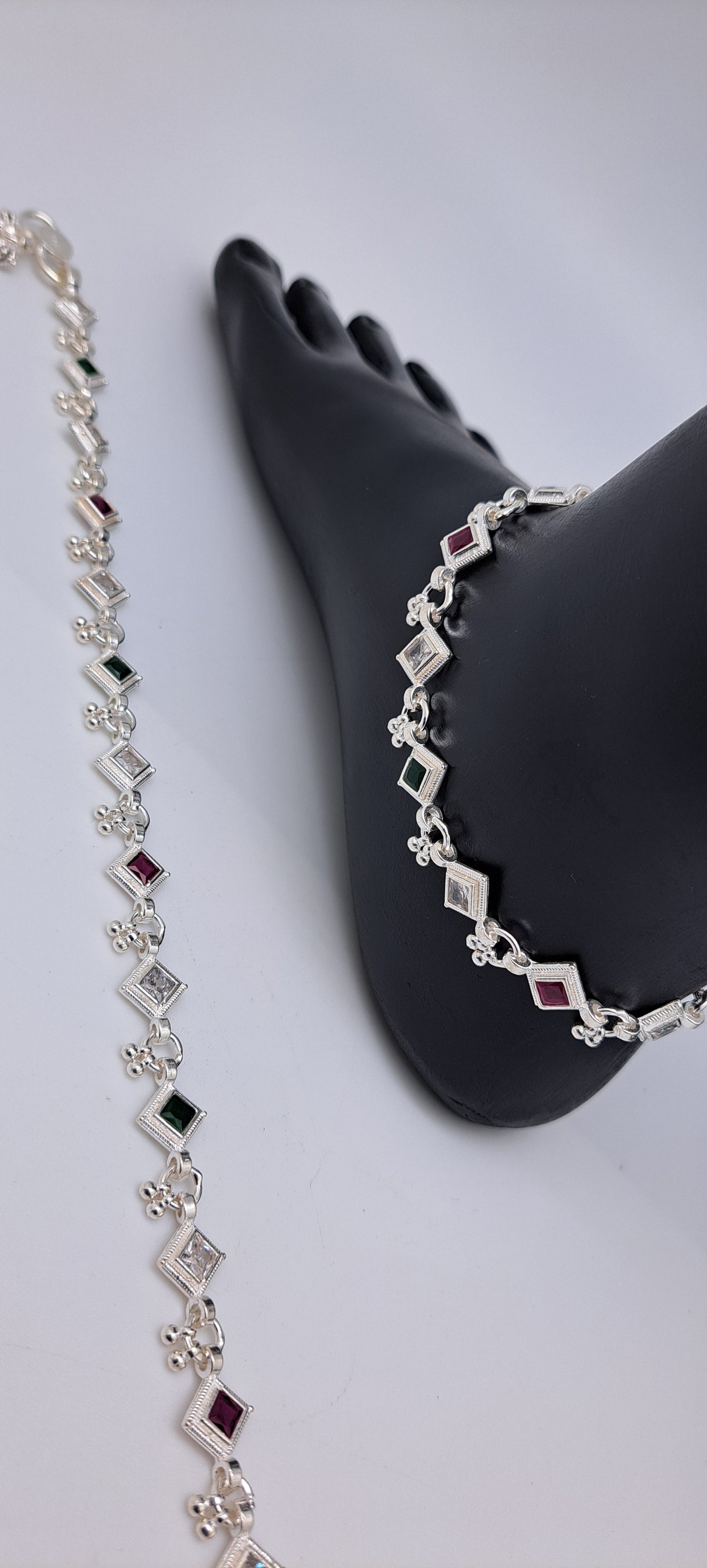 Red Green & White Katli Silver Anklet
