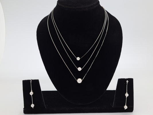 3 Layered Silver Bunch Chain with Pearl Ball with Matching Earrings