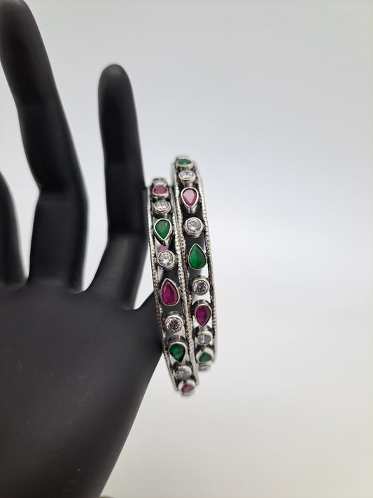 Antique Finish Bangle with Bindi Shape Red & Green Stone
