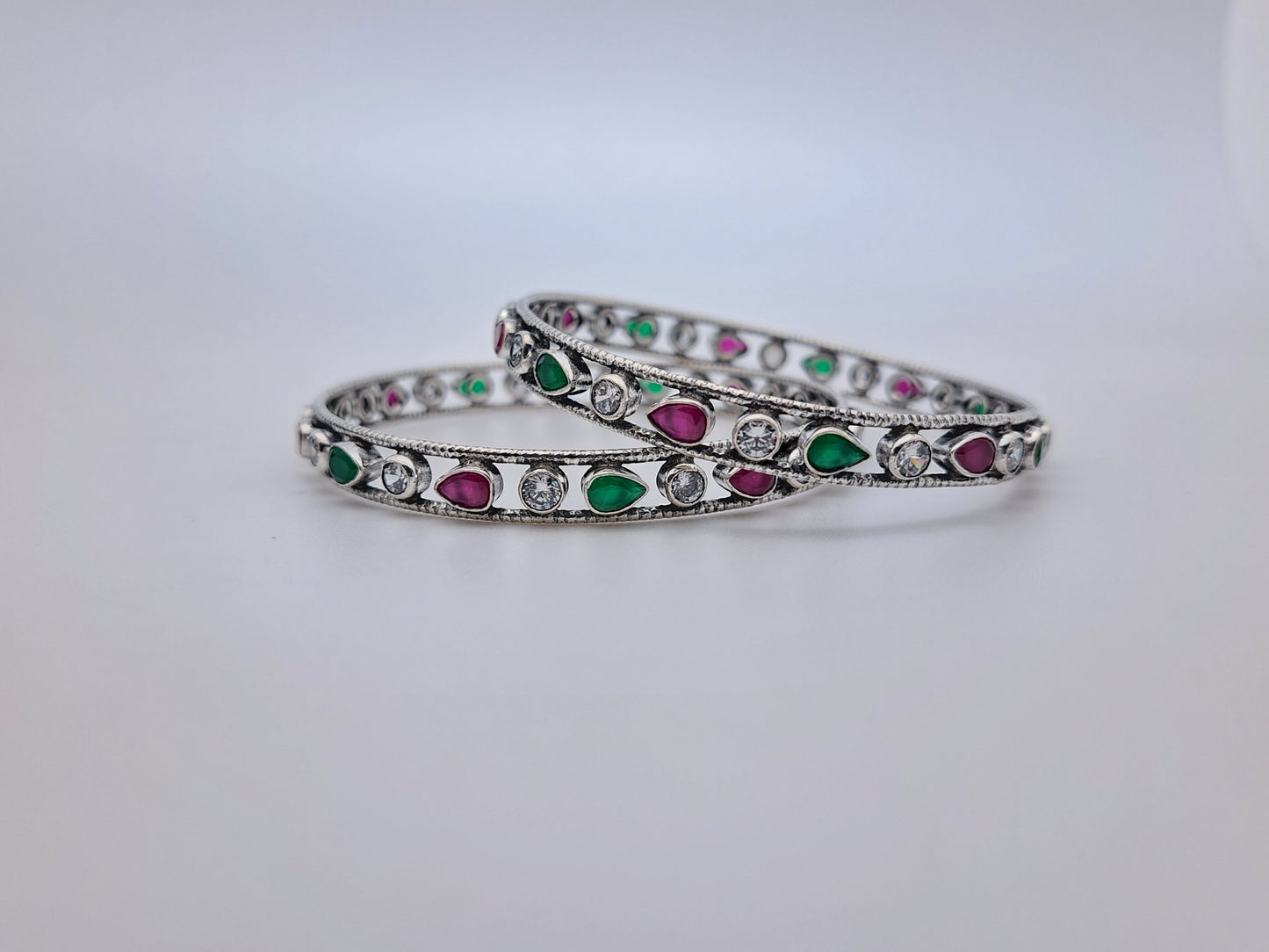 Antique Finish Bangle with Bindi Shape Red & Green Stone