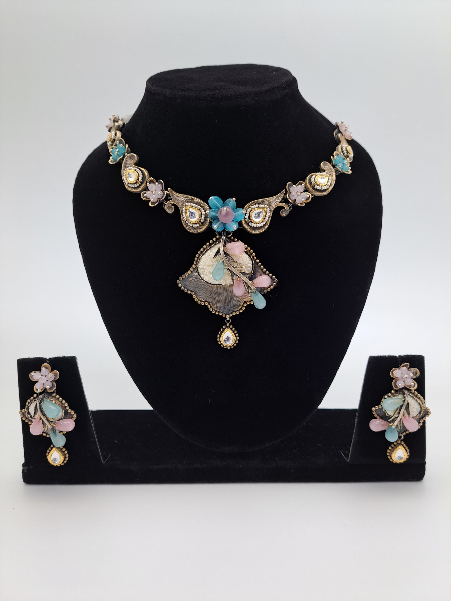 Party Wear Necklace adorned with Blue and Pink Stones