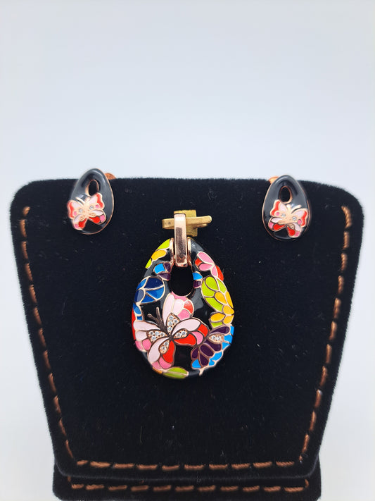 Multicolored Enamel Butterfly Pendant set