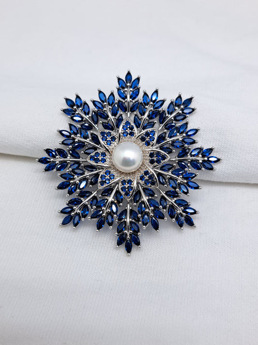 92.5 Silver Floral Design with Pearl centered Blue stoned Saree Brooch