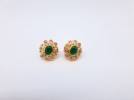 Gold Polish White AD Boat shape Greenstone  Stud