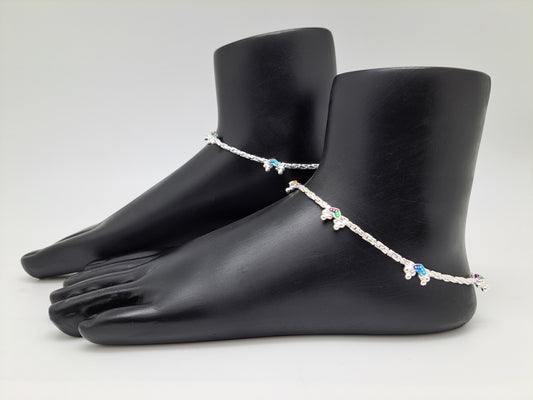 Multicoloured Heartin Enamel Silver Anklet