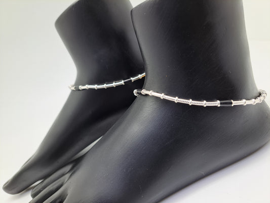 Sugarcane BlackBead Silver Anklet