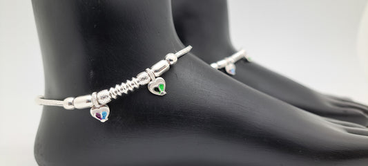 Multicoloured Heartin Charms Silver Anklet