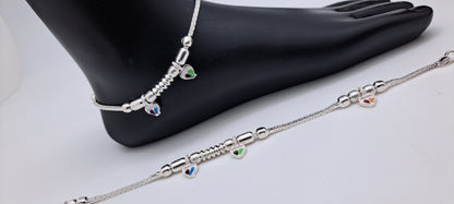 Multicoloured Heartin Charms Silver Anklet