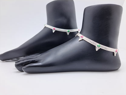 Multicoloured Heartin Box chain  Silver Anklet