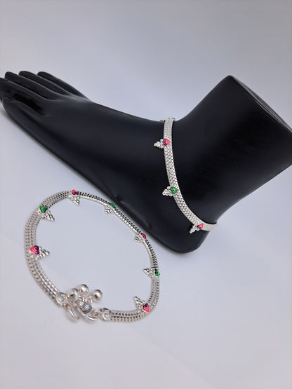Multicoloured Heartin Box chain  Silver Anklet