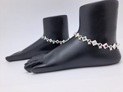 Red Green & White Katli Silver Anklet
