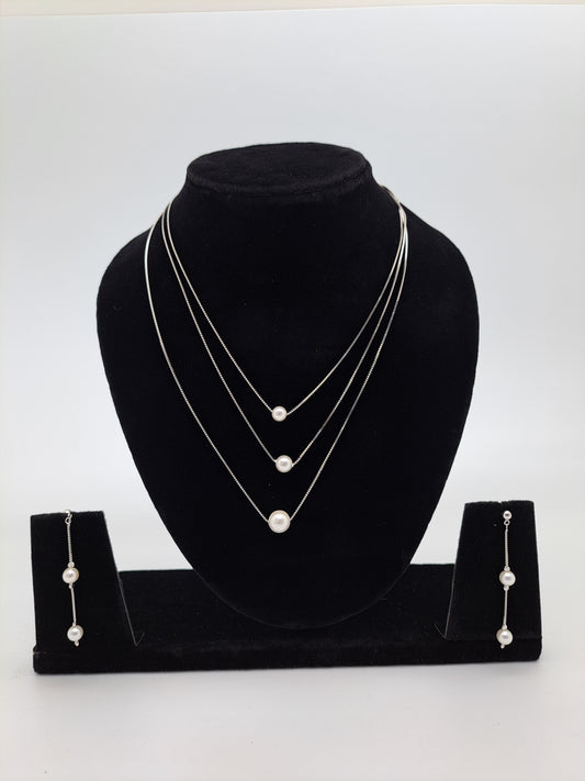 3 Layered Silver Bunch Chain with Pearl Ball with Matching Earrings