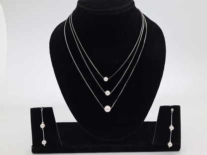 3 Layered Silver Bunch Chain with Pearl Ball with Matching Earrings