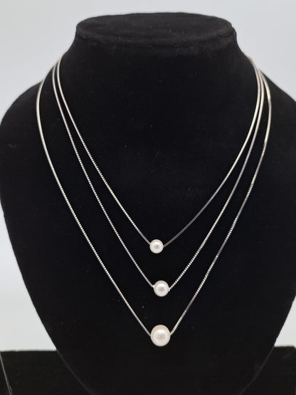 3 Layered Silver Bunch Chain with Pearl Ball with Matching Earrings