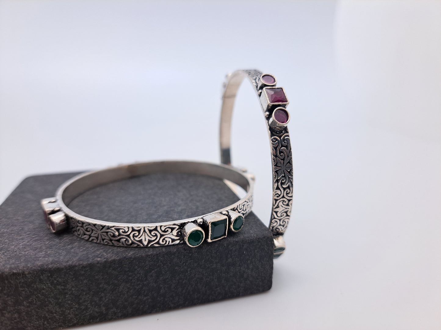 Antique Finish Bangle with Red & Green Stone