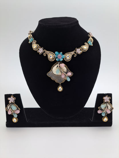 Party Wear Necklace adorned with Blue and Pink Stones