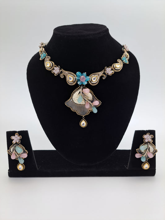 Party Wear Necklace adorned with Blue and Pink Stones