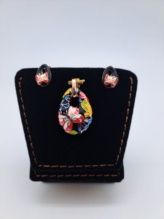 Multicolored Enamel Butterfly Pendant set