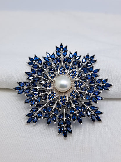 92.5 Silver Floral Design with Pearl centered Blue stoned Saree Brooch