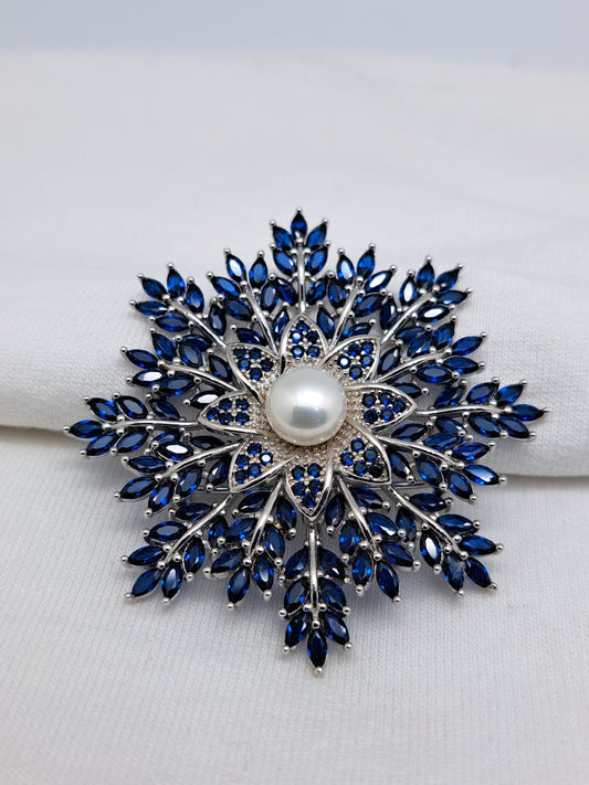 92.5 Silver Floral Design with Pearl centered Blue stoned Saree Brooch