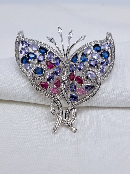 92.5 Silver ZR Framed Blue and Pink Butterfly Saree Brooch