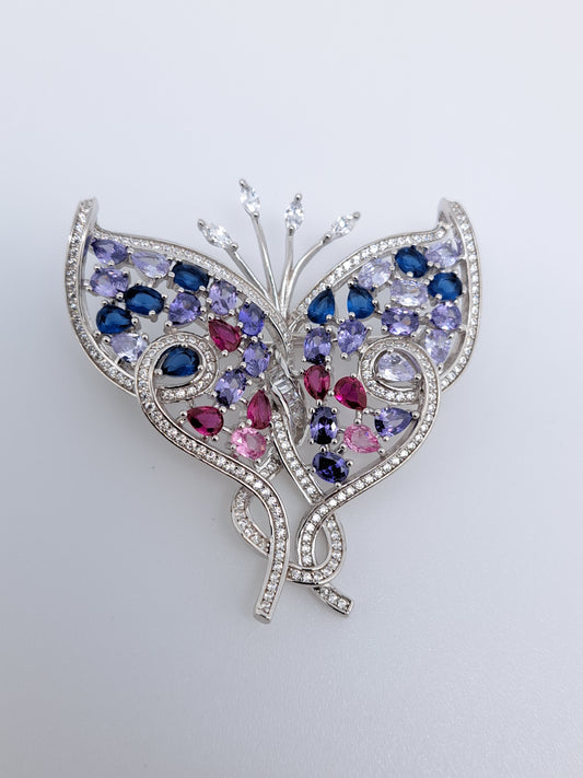 92.5 Silver ZR Framed Blue and Pink Butterfly Saree Brooch